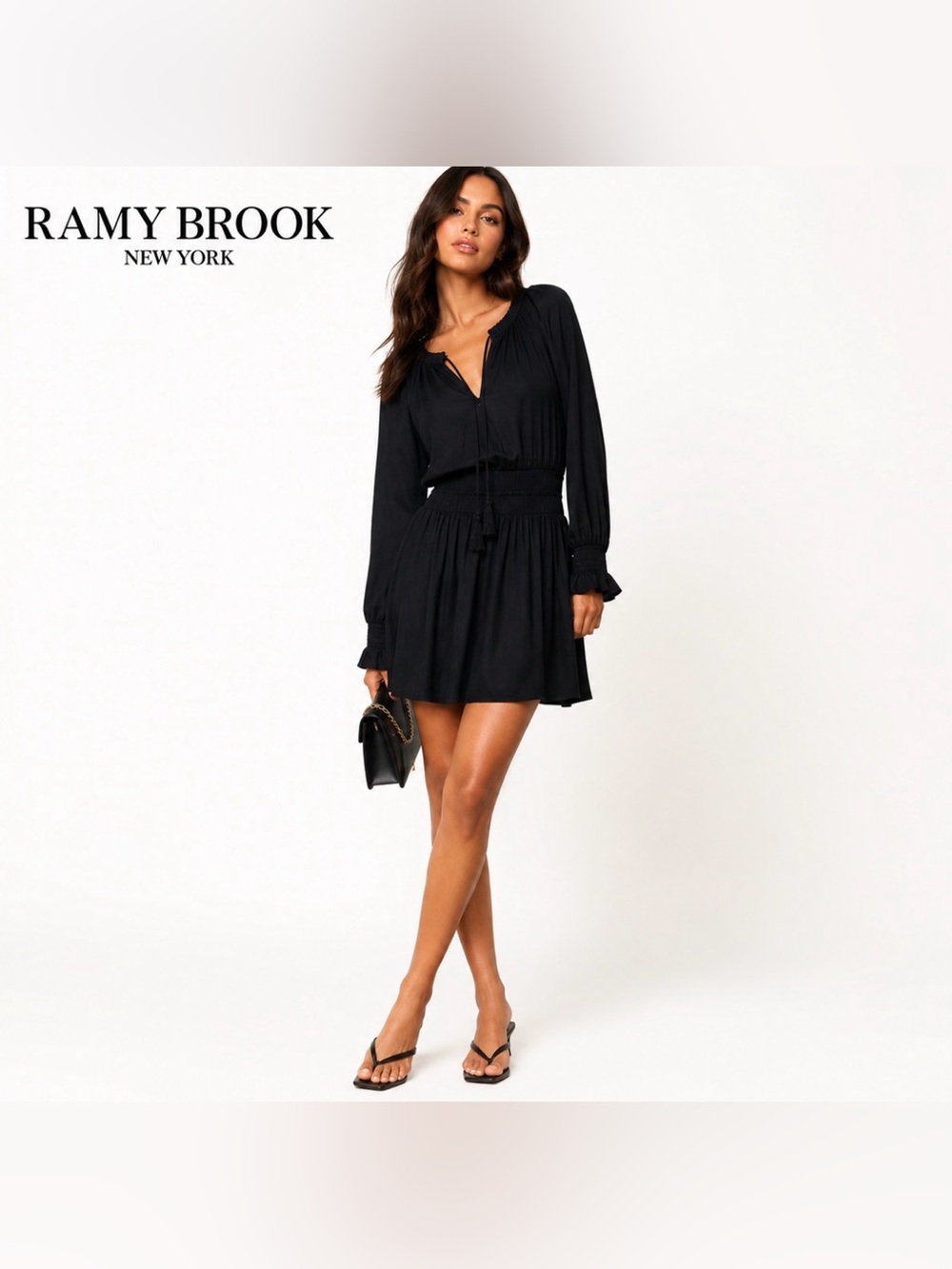 Ramy Brook Hamilton Mini Dress Black XS Long Sleeve Smocked Waist Fit Flare Boho